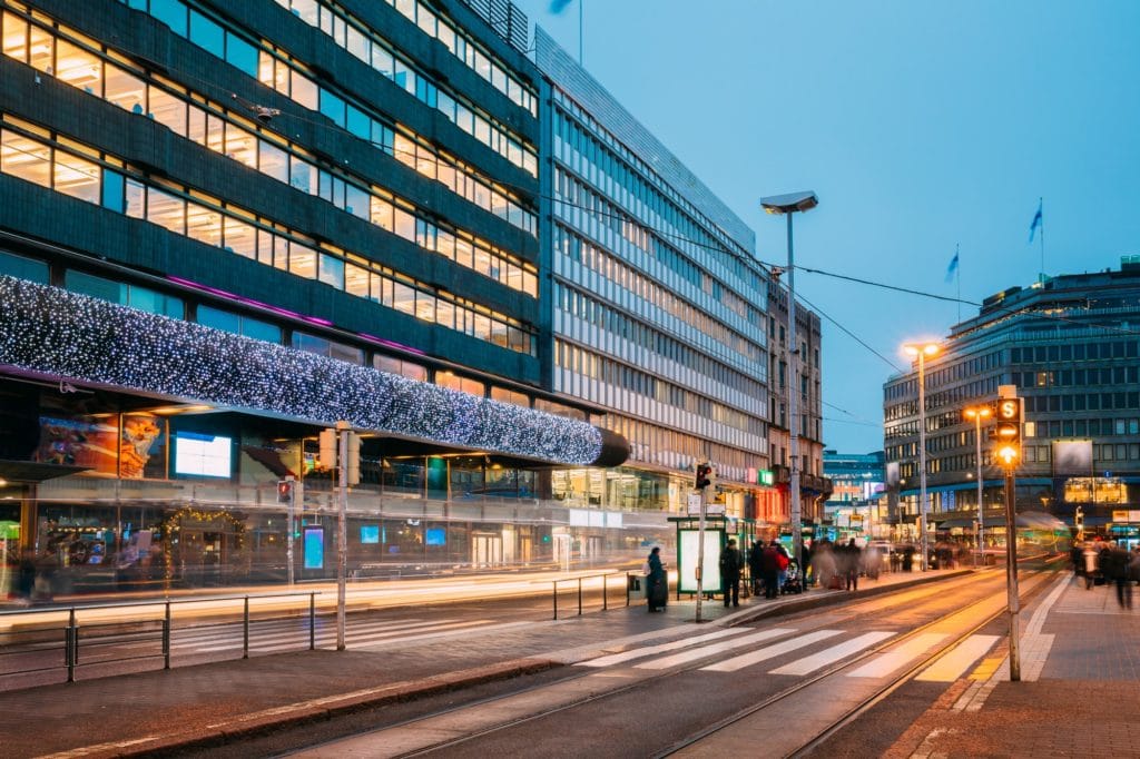 Helsinki, Finland. Shopping Center In New Year Lights Christmas