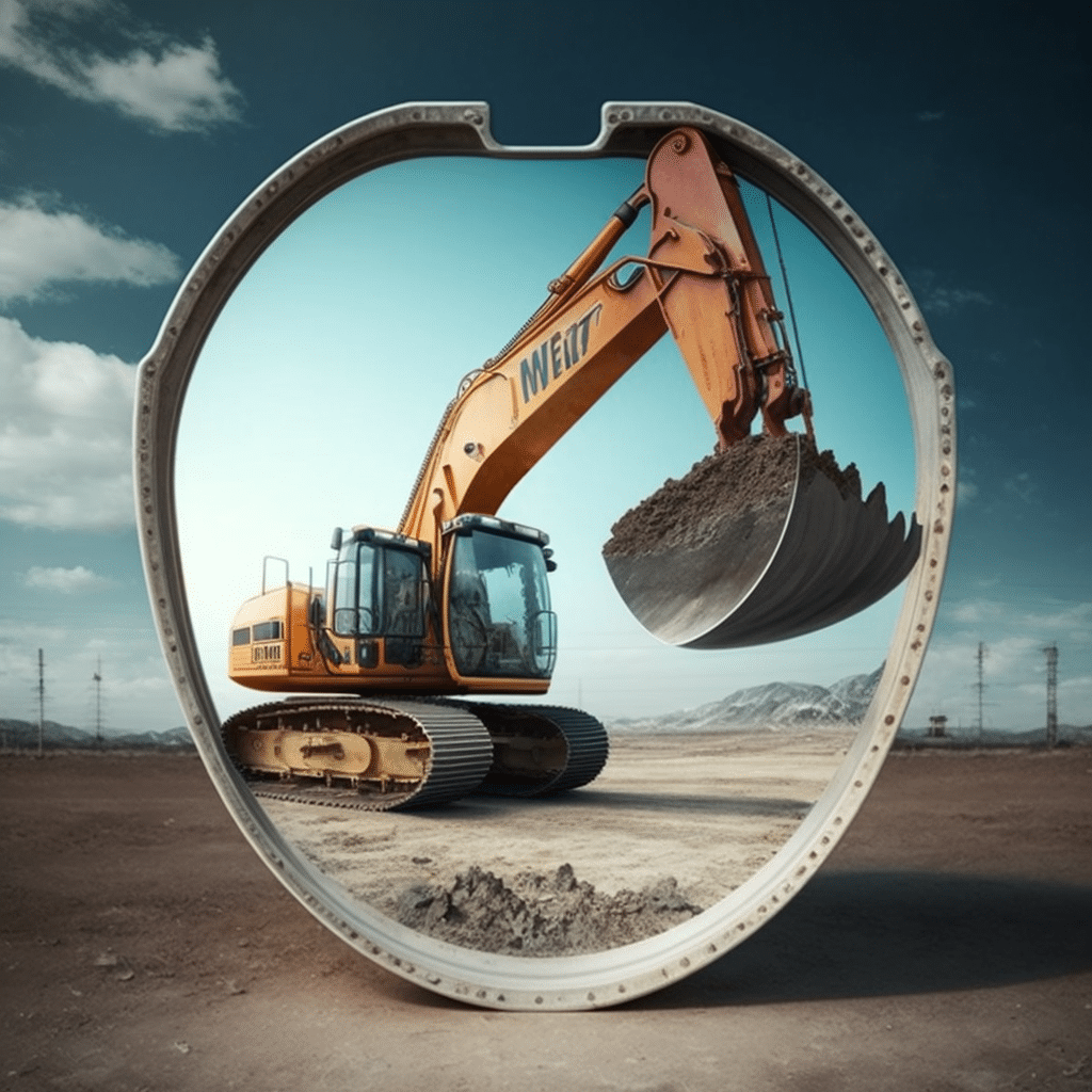An excavator is in the middle of a dirt field.