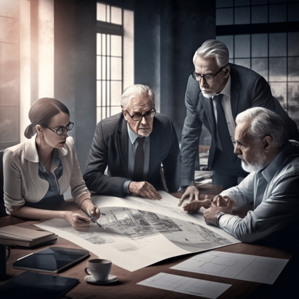 A group of people looking at blueprints in a meeting room.