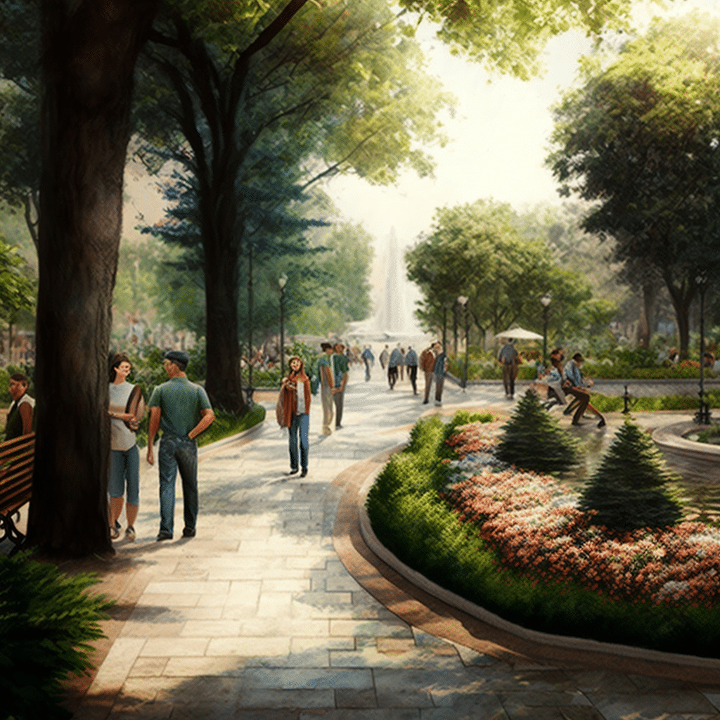 An artist's rendering of a park with people walking through it.