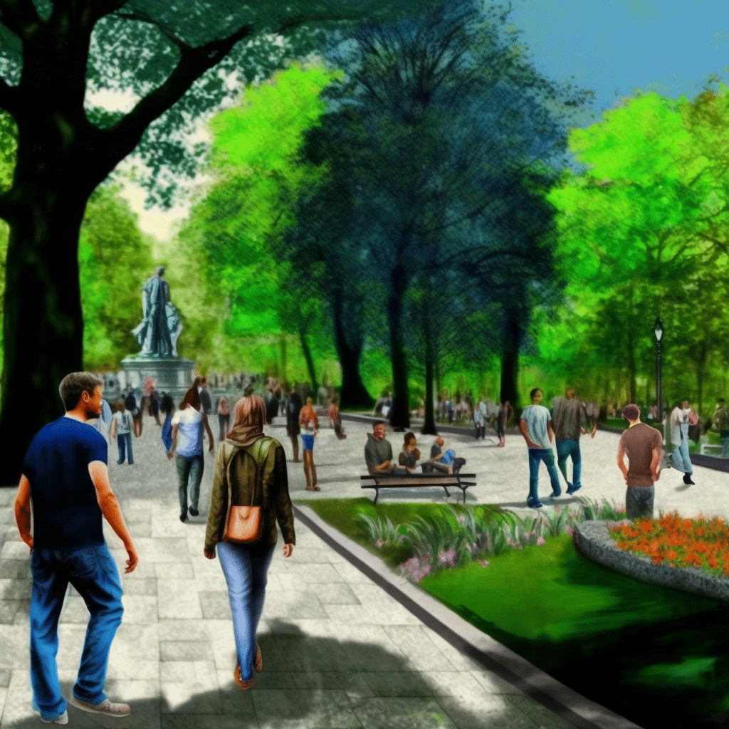An artist's rendering of a park with people walking around.