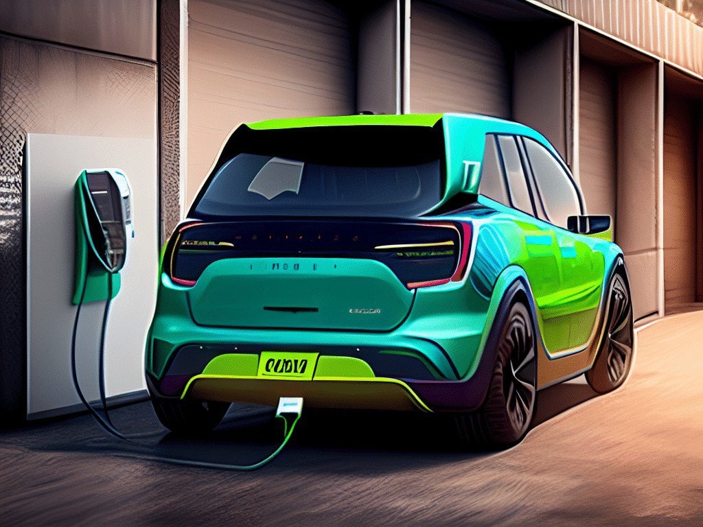 a Green and Blue Electric Car is Plugged into a Charging Station. Condo Electric Vehicle Charging - Mor & Co. Legal  Condo Electric Vehicle Charging - Mor & Co. Legal 