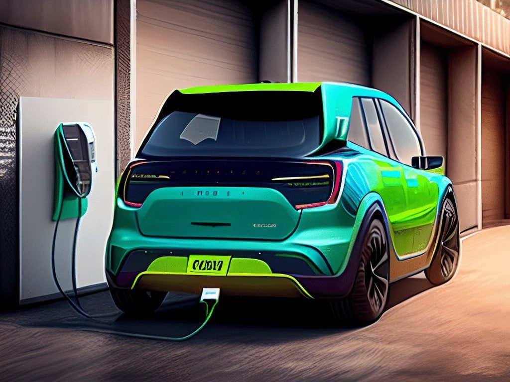 מור ושות׳ חברת עורכי דין ונוטריון a Green and Blue Electric Car is Plugged into a Charging Station.