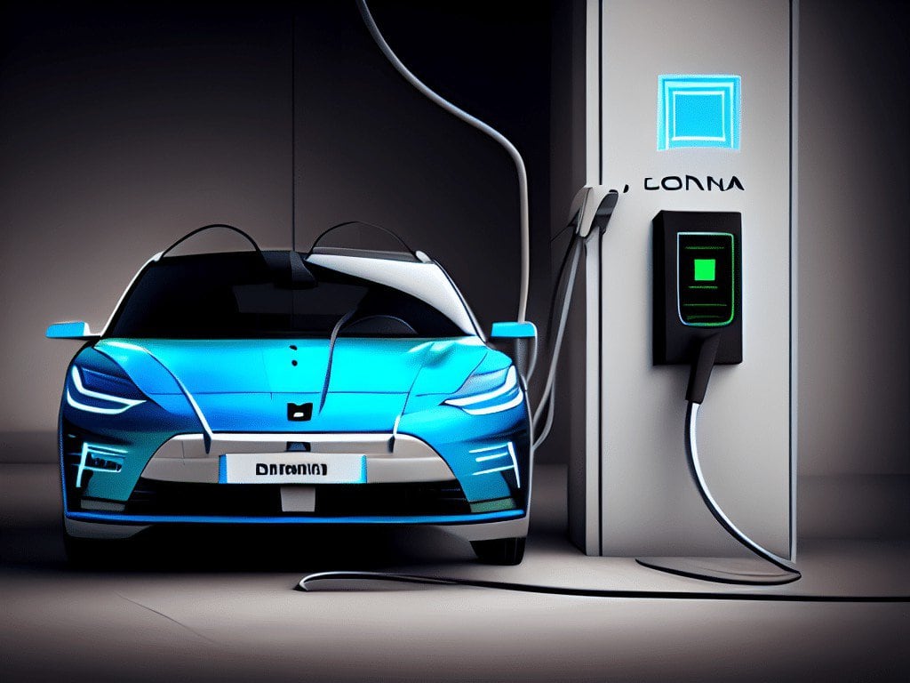 מכונית חשמלית כחולה מחוברת לתחנת טעינה.