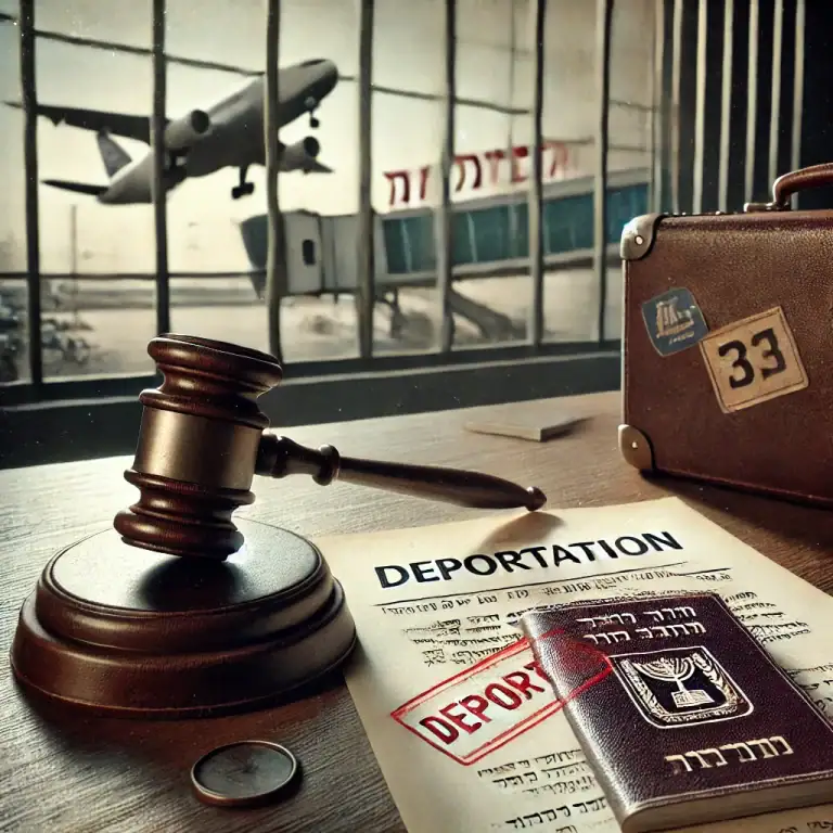 פטיש מונחת על שולחן עץ לצד מסמך המסומן "גירוש" ודרכון עם טקסט לועזי. ברקע מבעד לחלון ממריא מטוס ונראית מזוודה עם מדבקות. הסצנה מציעה החלטה שיפוטית על גירוש.