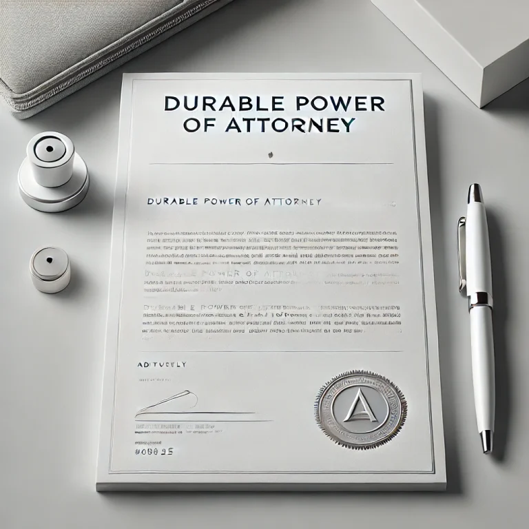 מסמך ייפוי כוח עמיד מונח על משטח לבן, מלווה בעט כסף, מחברת לבנה כרוכה בספירלה וזוג אוזניות אלחוטיות. המסמך כולל טקסט וחותם בפינה הימנית התחתונה.