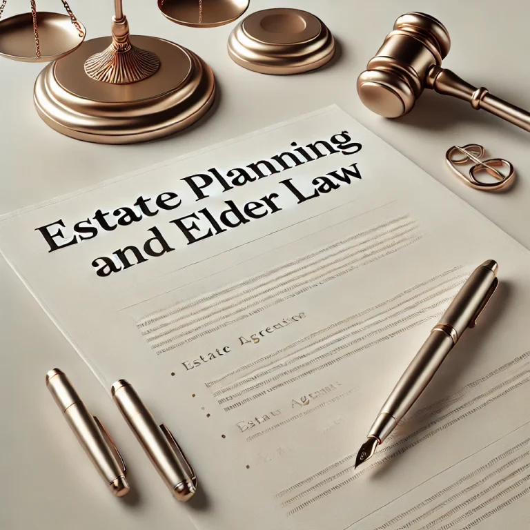 תמונה המציגה חפצים שונים בנושאים משפטיים, לרבות פטישון, סולם איזון ומסמך משפטי שכותרתו "חוק תכנון רכוש וזקנים". בנוסף, ישנם עטים וזוג משקפי ראייה מסודרים לצד המסמך.