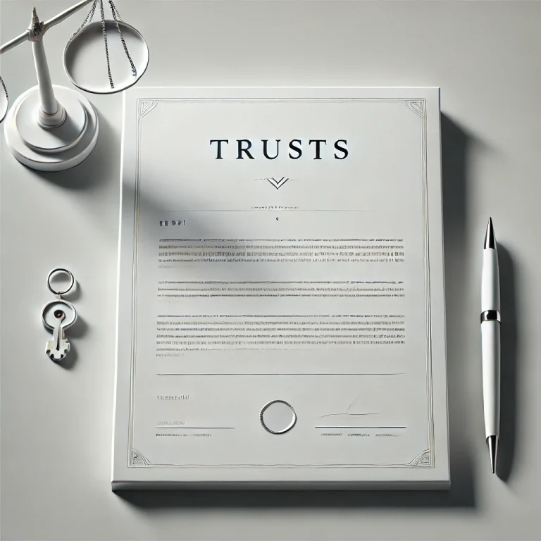 מסמך שכותרתו "אמון" מונח על שולחן יחד עם עט, מפתח, זכוכית מגדלת ומארגן שולחן. המסמך מכיל טקסט וחתימות, המעידים על כך שזה עשוי להיות הסכם משפטי או ממון. ההסדר מציע מסגרת רשמית ומקצועית.