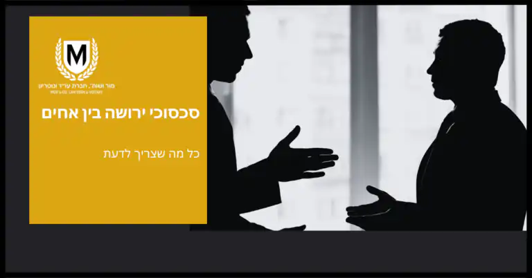 צללית של שני אנשים בדיון סוער מול חלון עם, צהובה משמאל. הטקסט בעברית קורא סכסוכי ירושה בין אחים