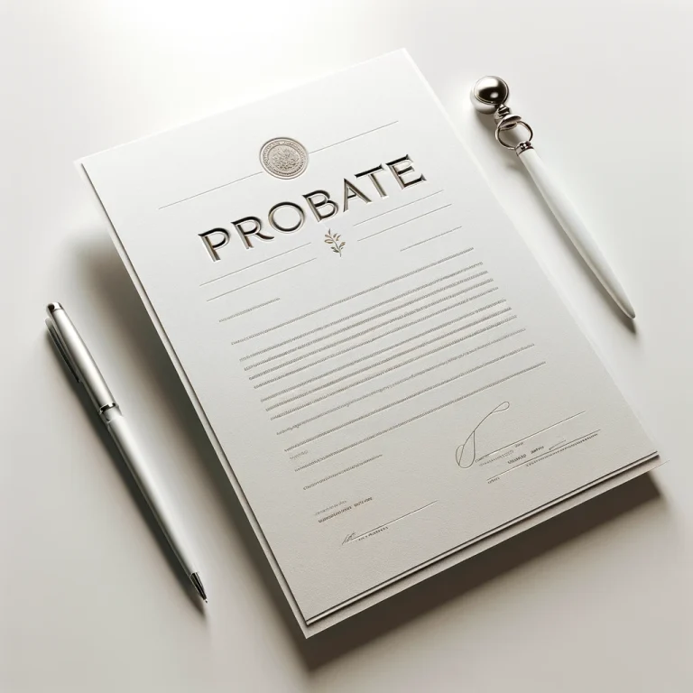 מסמך שכותרתו "צוואה" עם שדות טקסט ושורות חתימה, מונח על משטח לבן. שני עטים, אחד כסוף ואחד לבן עם חלק עליון כסוף, מונחים ליד המסמך. ההגדרה מציעה ניירת משפטית או הקשורה לעיזבון.