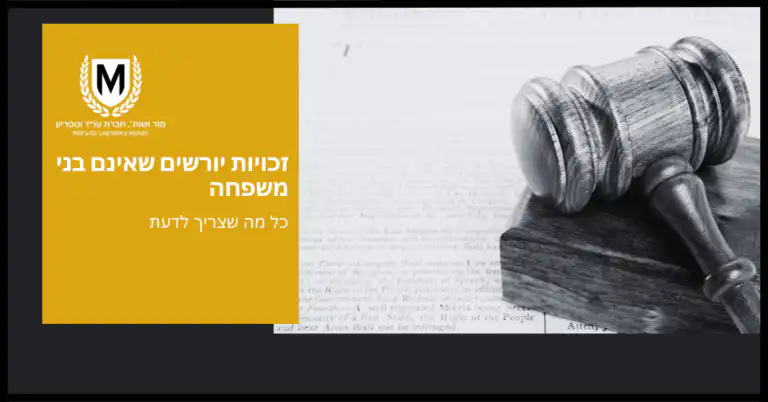 תמונה הכוללת פטיש מונחת על דף ספר בצד, בעברית, המתורגמת לזכויות ירושה למי שאינו קרובי משפחה: כל מה