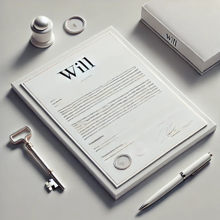 שכבה שטוחה מסודרת בקפידה הכוללת מסמך צוואה, עט, מפתח, קופסה שכותרתה "צוואה", חותם שעווה וחותמת על משטח נקי ובהיר. מסמך הצוואה הוא המוקד המרכזי, כאשר פריטים אחרים ממוקמים בצורה מסודרת סביבו.