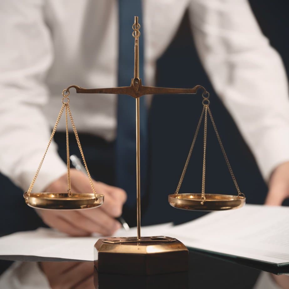 מור ושות׳ חברת עורכי דין ונוטריון תקריב של סולם פליז מאוזן של צדק יושב מול אדם בחולצה לבנה ועניבה, הכותב בעט על מסמך. הסצנה מתרחשת על משטח כהה רפלקטיבי, תוך שימת דגש על משקלן של אחריות והחלטות משפטיות.