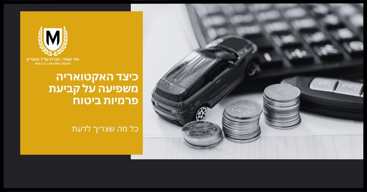 תמונה בגווני אפור עם מכונית צעצוע, ערימות של מטבעות ומחשבון על שולחן. טקסט בעברית מימין כתוב "כיצד משפיעה התאונה על תביעת הביטוח". לוגו עם מונוגרמה "M" נראה בצד שמאל, יחד עם פרטי התקשרות.