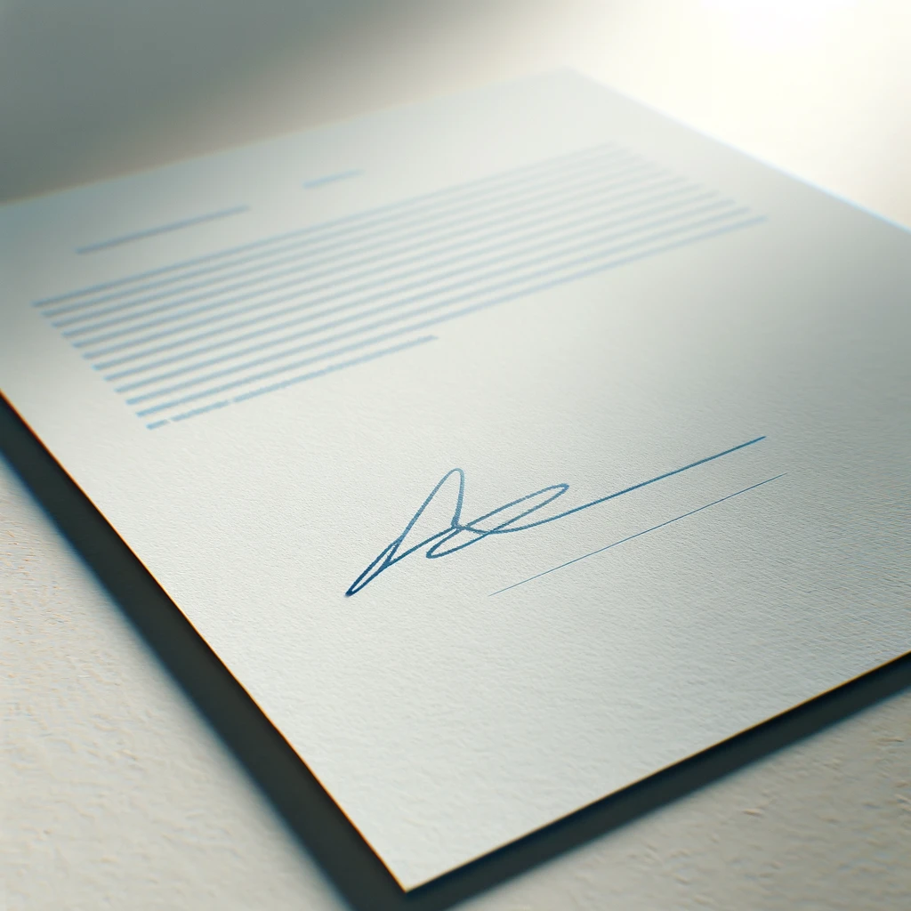 Close-up of a signed document on a desk