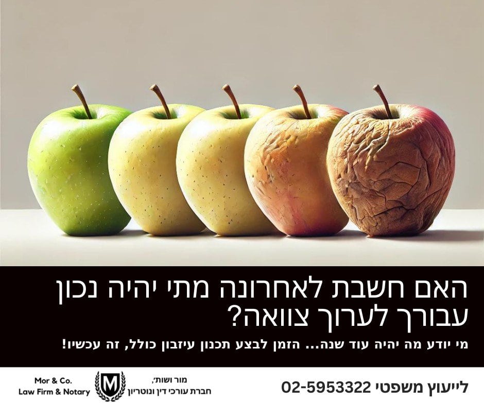 ארבעה תפוחים מסודרים על משטח. שלושה תפוחים משמאל ירוקים ונראים טריים. התפוח הרביעי מימין אדום ונראה רקוב. הטקסט בעברית מעל התפוחים דן בחשיבות התכנון לעתיד. פרטים ליצירת קשר עם משרד עורכי דין מופיעים בתחתית.