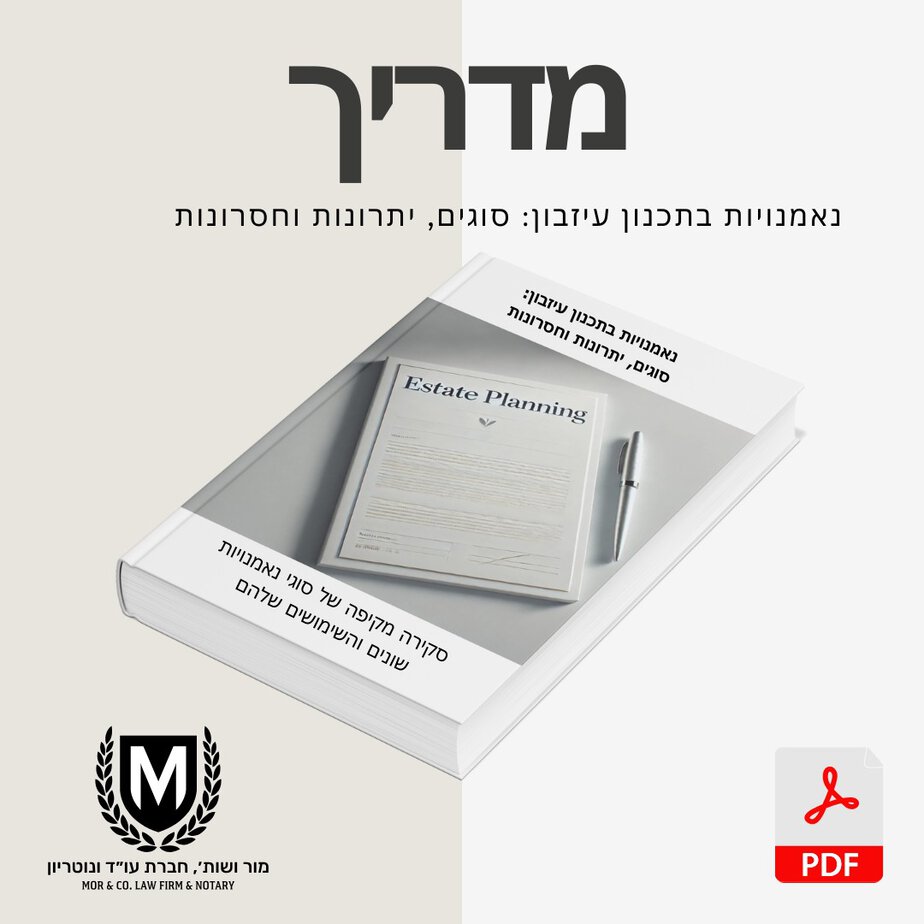 תמונה של ספר עברי על תכנון עיזבון עם כריכה לבנה עם הכותרת באנגלית. הרקע אפור בהיר. יש סמל Pdf אדום בפינה השמאלית התחתונה ולוגו עם טקסט בעברית בפינה השמאלית התחתונה.