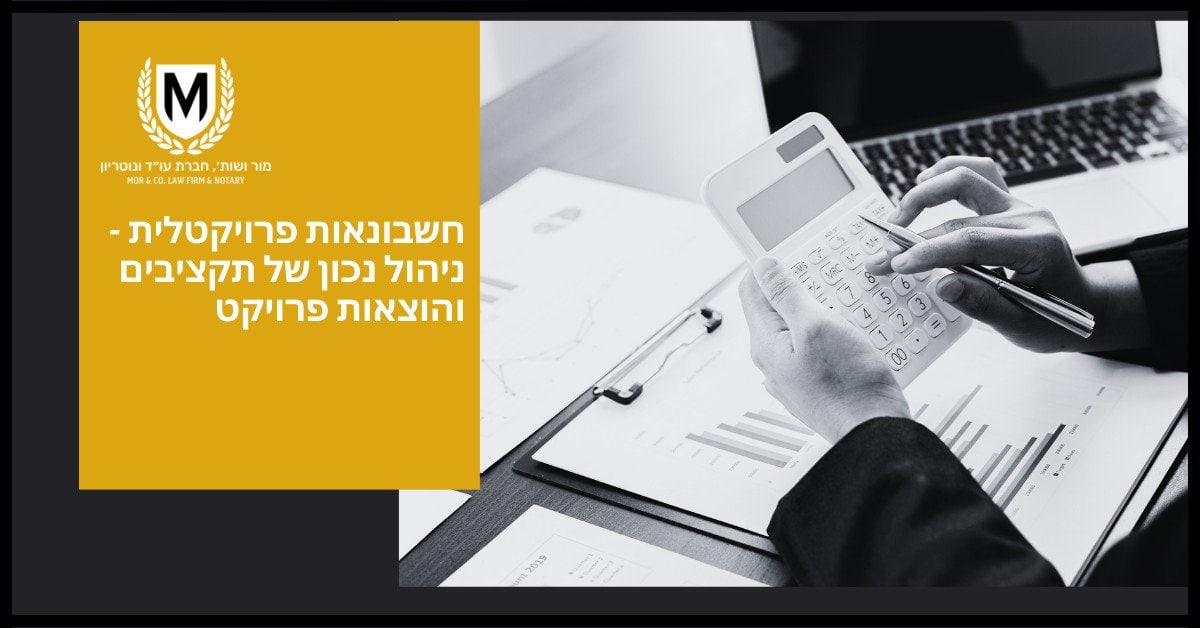 אדם משתמש במחשבון בזמן ניתוח גיליונות אלקטרוניים ותרשימים. לוגו עם "M" מופיע בפינה השמאלית העליונה. טקסט בעברית נראה ליד התמונה.