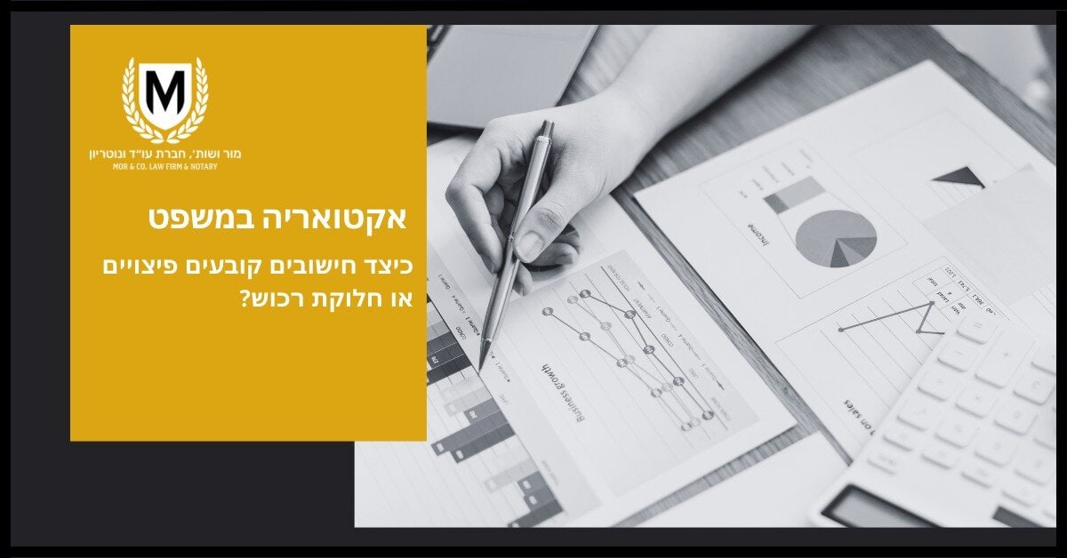 תמונה בשחור-לבן של ידו של אדם אוחזת בעט מעל תרשימים וגרפים. טקסט בעברית מתורגם ל"עדכון משפטי" ו"כיצד לחשב פיצויים או חלוקת עיזבון?". נראה סמל עם האות "m".