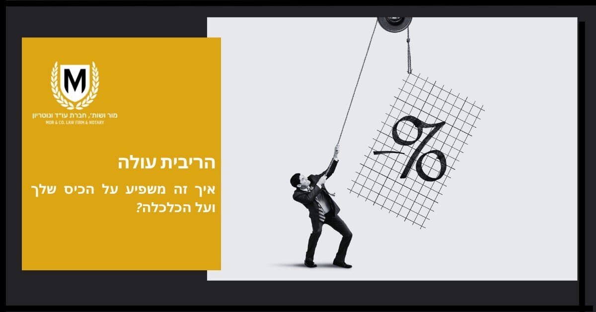 מור ושות׳ חברת עורכי דין ונוטריון גבר בחליפה מוריד סמל אחוזים גדול על גריד מוטה. משמאל, תיבה צהובה עם טקסט בעברית ולוגו משפטי דנה בעליית הריבית והשפעתה על הכלכלה.