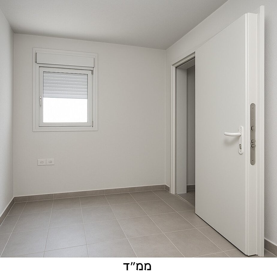מור ושות׳ חברת עורכי דין ונוטריון חדר קטן וריק עם רצפת אריחים אפורים בהירים, קירות לבנים, חלון סגור עם תריס ודלת לבנה פתוחה. החדר מואר היטב ומינימליסטי. טקסט בעברית מופיע בתחתית.