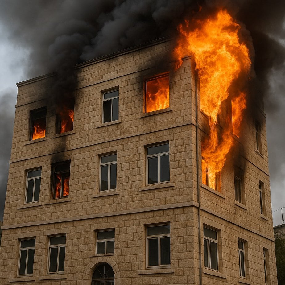 מור ושות׳ חברת עורכי דין ונוטריון בניין אבן בן ארבע קומות עם להבות גדולות ועשן שחור סמיך המיתמר מהחלונות בקומות העליונות, המעיד על שריפה חמורה.