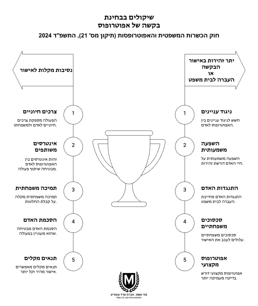 תרשים זרימה בשפה העברית המתאר שיקולים בבחירת בקשה לאפוטרופוס לפי חוק הכשרות המשפטית והאפוטרופסות, עם גביע במרכז וחיצים לשני צדדים, הכוללים אופציות ואזהרות.