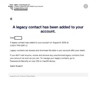 צילום מסך של הגדרות חשבון Apple, בהקשר נכסים דיגיטליים