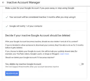 צילום מסך של הגדרות הנצחת חשבון Google
