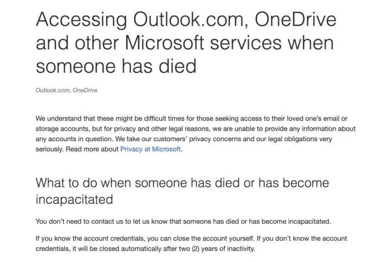 חשבון Microsoft בעיזבון דיגיטלי