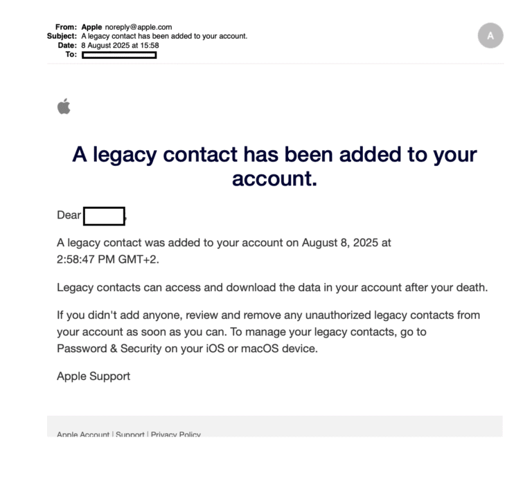 צילום מסך של דוא"ל מ-Apple המודיע לנמען כי איש קשר מורשת נוסף לחשבונו ב-8 באוגוסט 2025, וממליץ לו לבדוק ולהסיר כל איש קשר מורשת לא מורשה