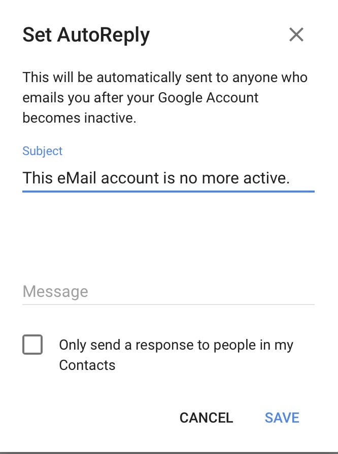 מסך הגדרת תשובה אוטומטית בחשבון Google עם ההודעה "חשבון דוא"ל זה אינו פעיל עוד". ישנן אפשרויות לשלוח תשובות רק לאנשי הקשר, וכפתורים לביטול ולשמירה