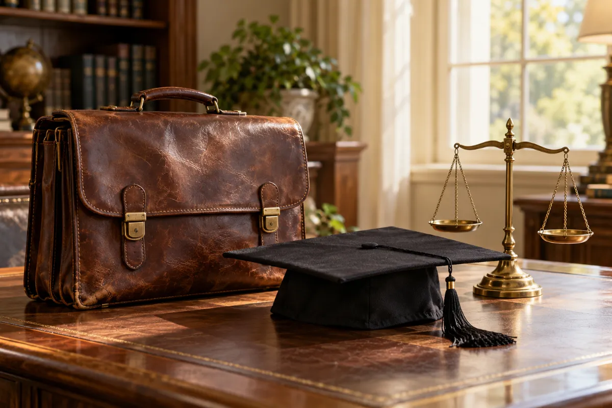 A leather briefcase, a graduation cap and brass scales, career assets