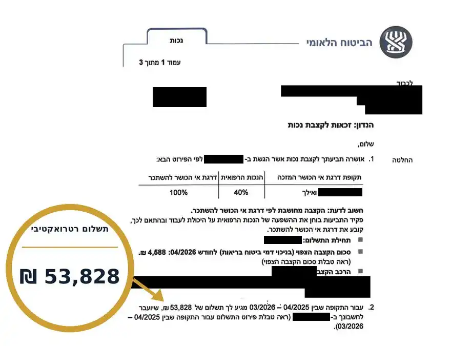 מכתב החלטה של ביטוח לאומי בתביעה, אפריל 2026, הפרטים המזהים מושחרים