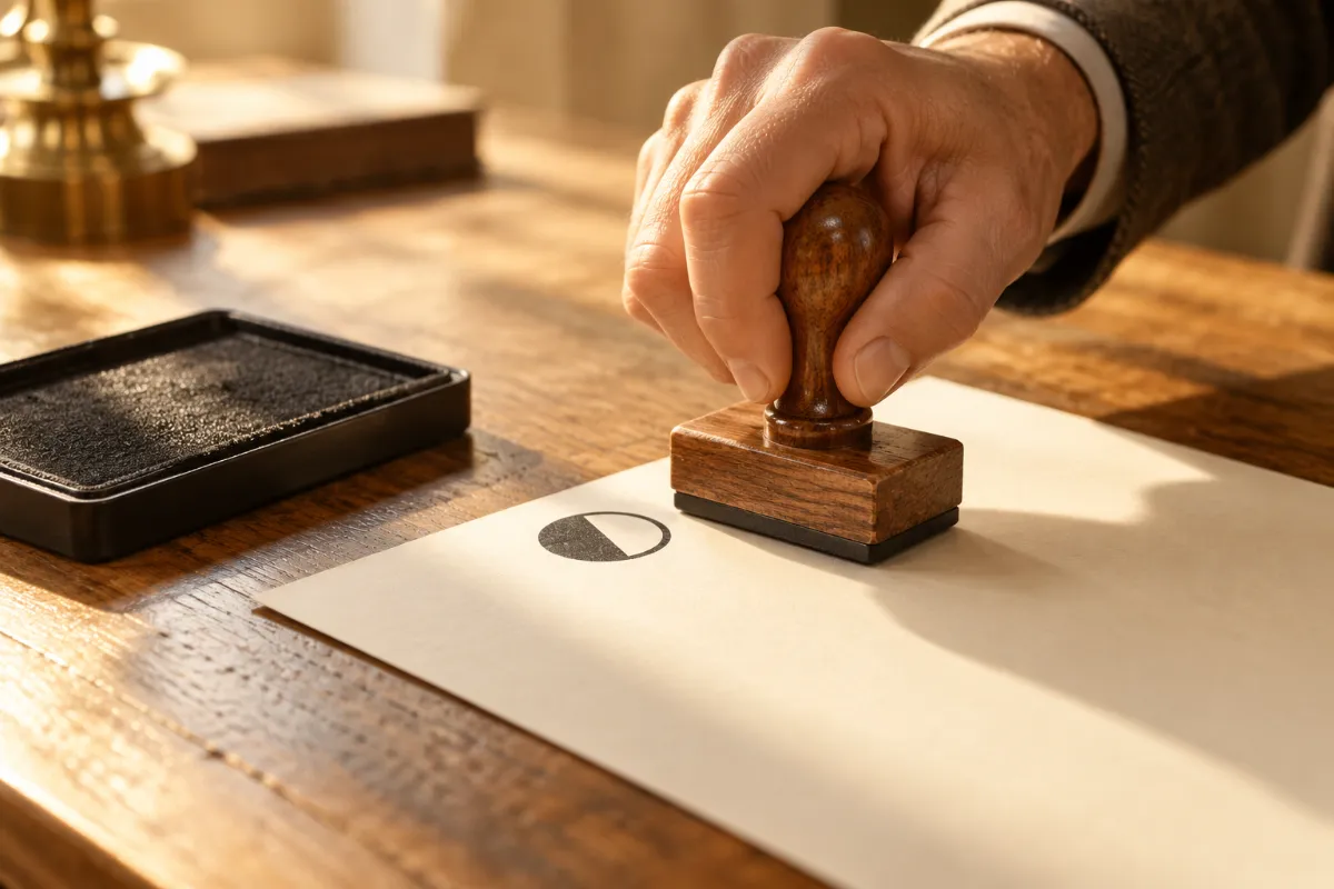 A hand pressing a rubber stamp on a document - administrative procedures and status