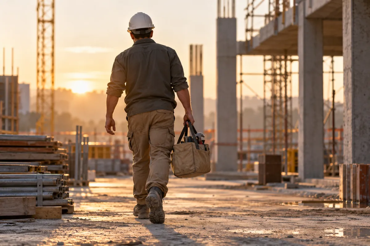 A construction worker walking on a site at sunrise, seen from behind - foreign workers