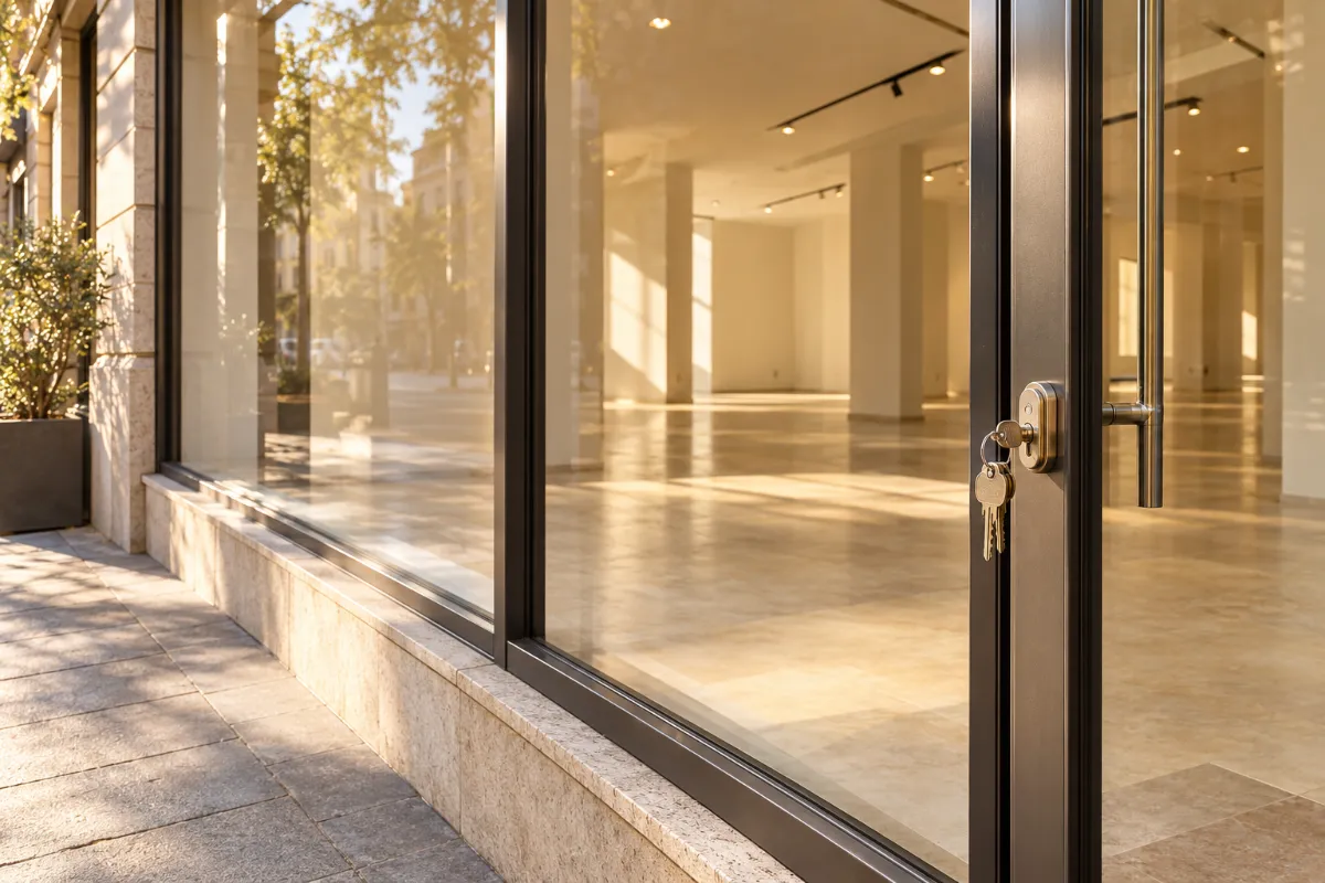 An empty shop with keys hanging in the glass door, a commercial lease