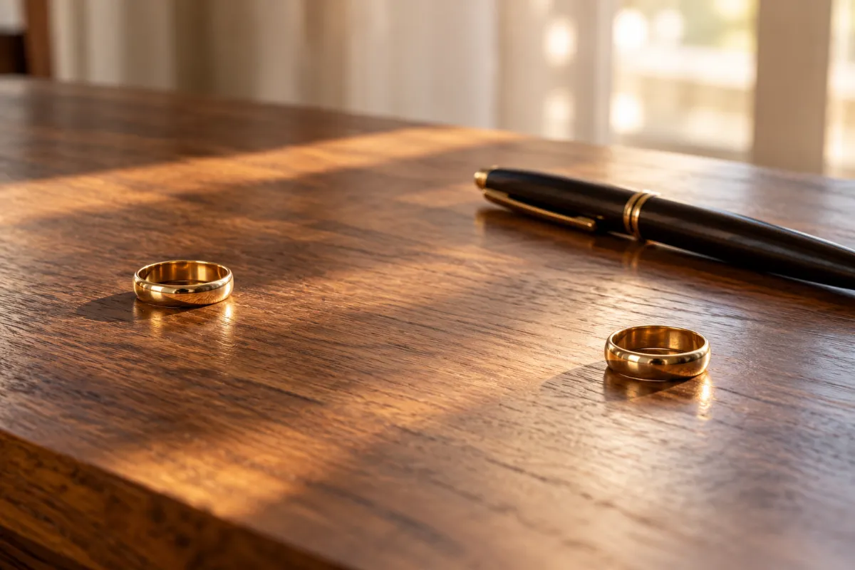 Two wedding rings set apart beside a pen - dissolution of marriage