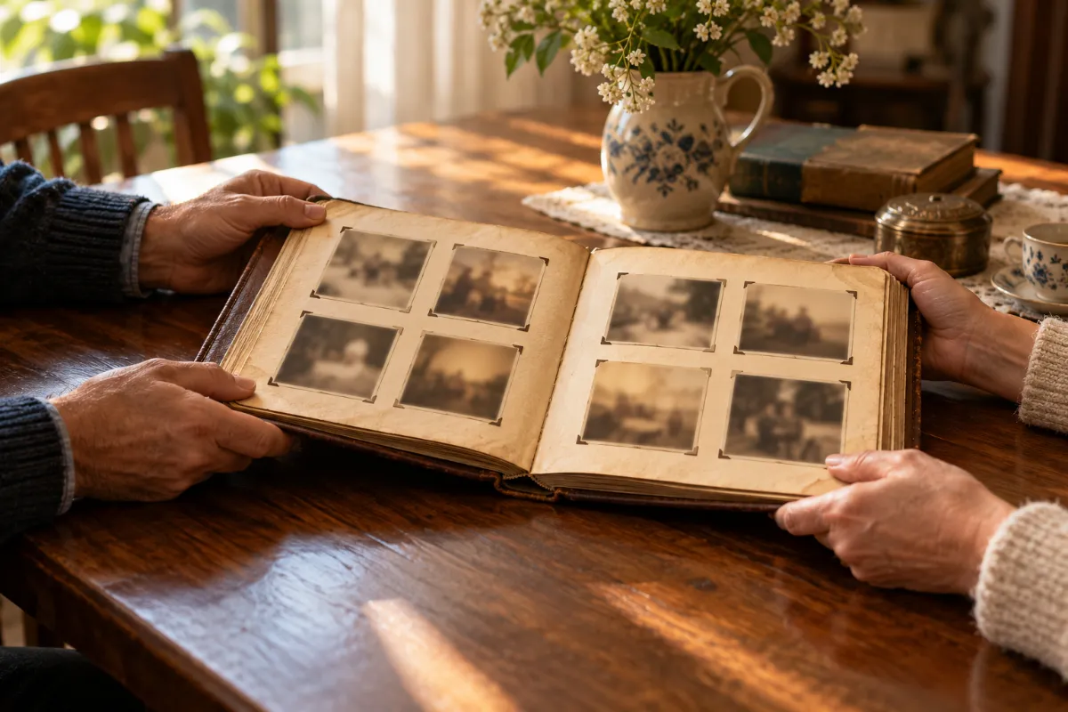 Two siblings' hands holding a family album - inheritance disputes between siblings