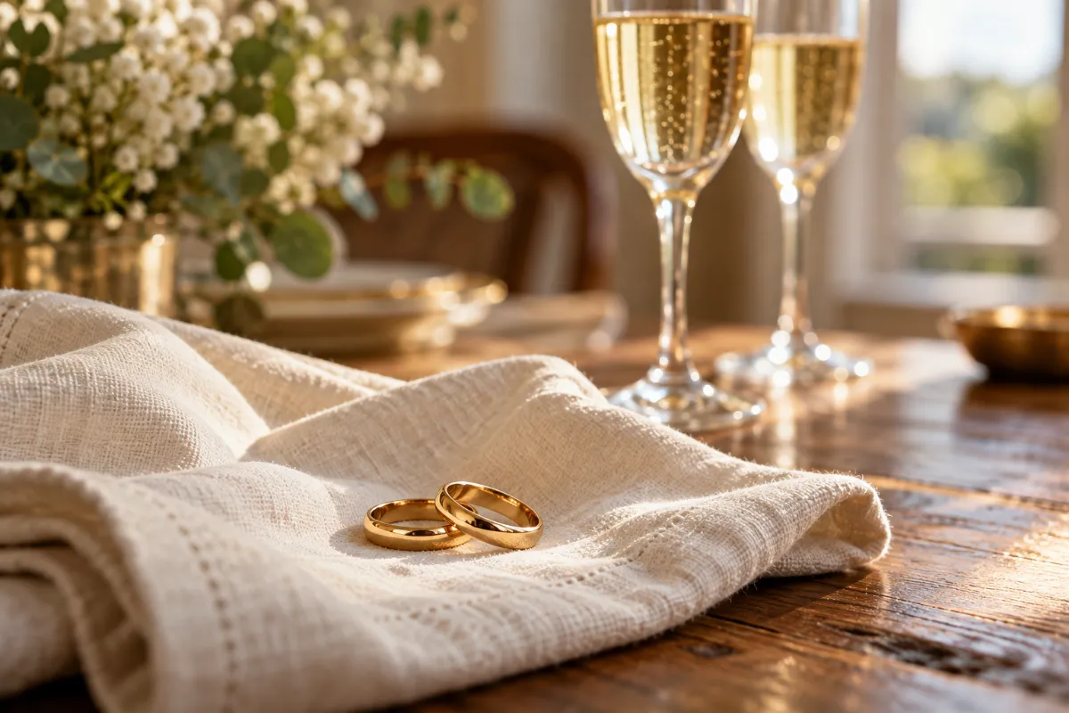 Two matching bands and two glasses on a napkin - prenuptial agreements and marriage