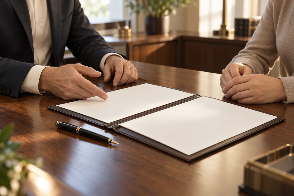 A lawyer's and a client's hands over an open document folder - legal consultation