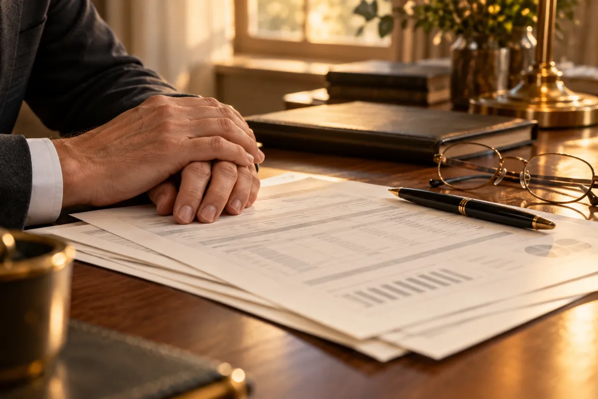 Hands on financial documents with a pen and glasses - asset assessment and planning
