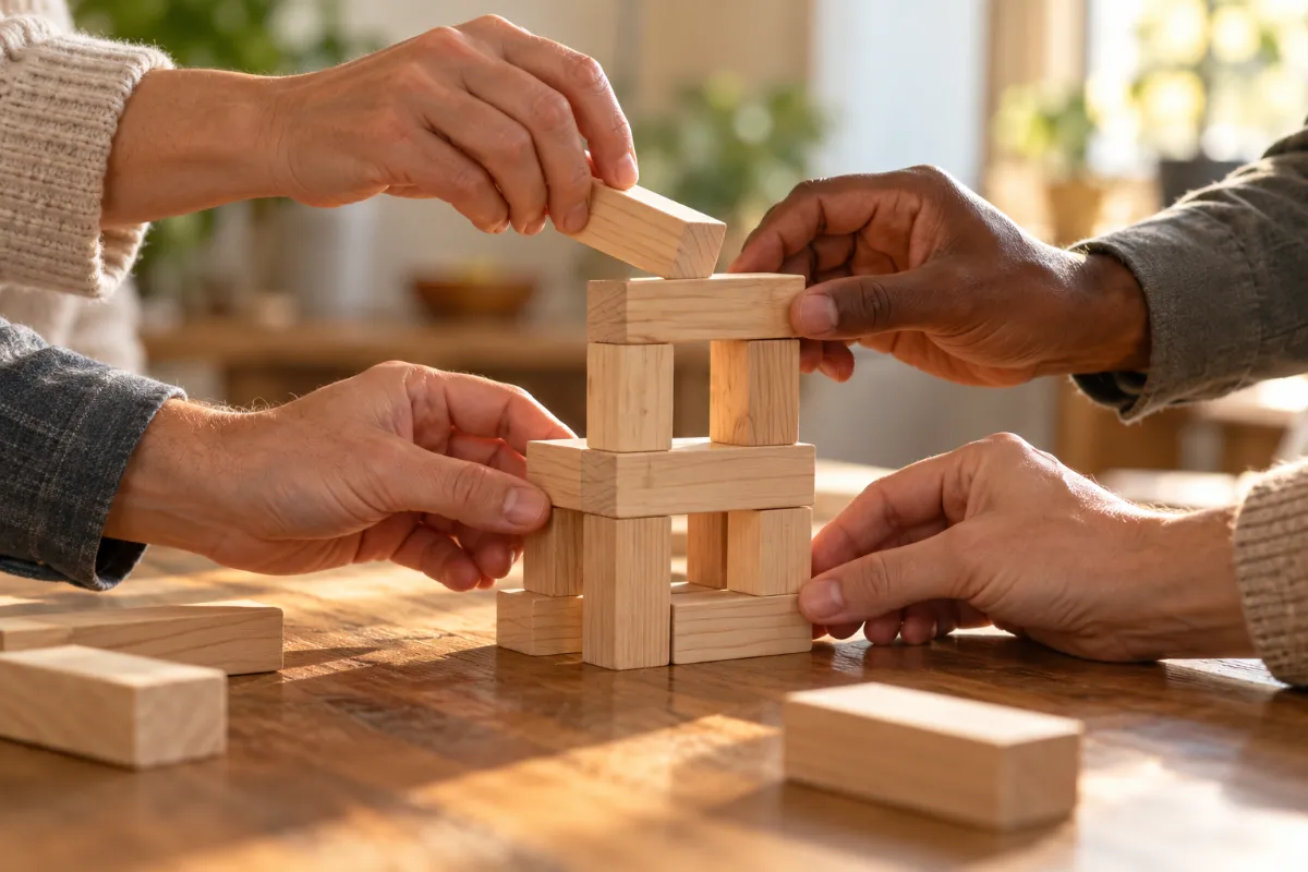 Hands stacking wooden blocks together - teamwork