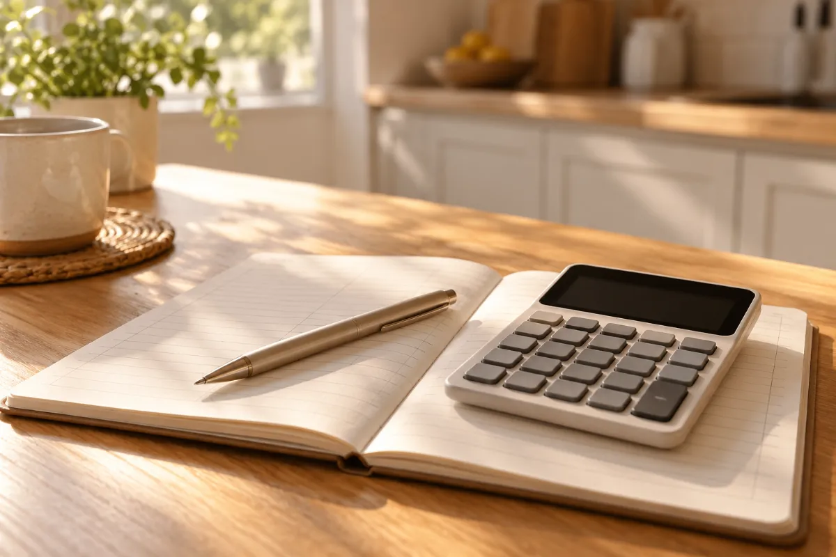 A pen and a calculator on a budget notebook - financial calculations