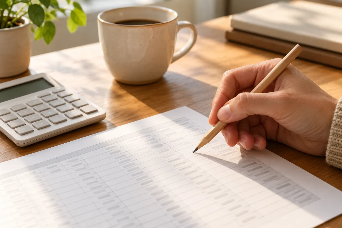 A hand with a pencil over a spreadsheet and a calculator - tax calculations