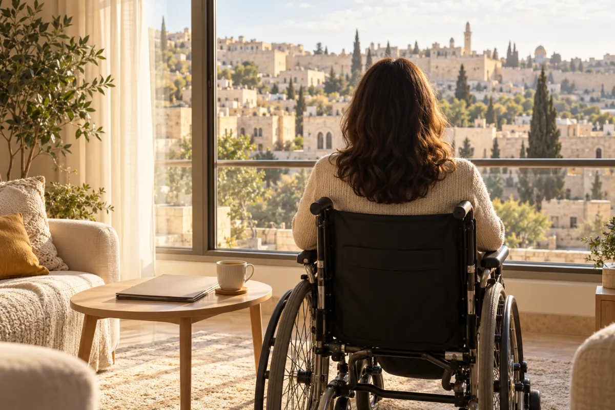 Woman in a wheelchair by a window overlooking Jerusalem - general disability claim with National Insurance