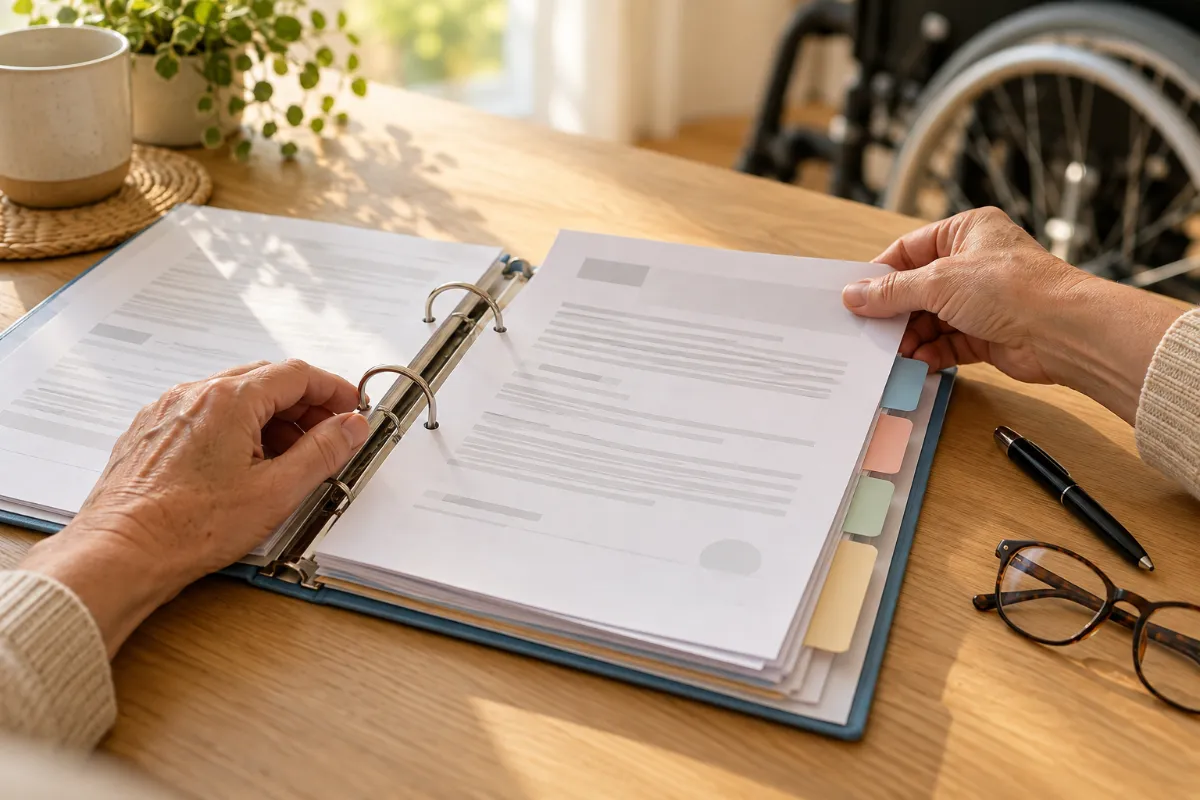 Hands organizing medical documents in a binder - building the medical file for a general disability claim