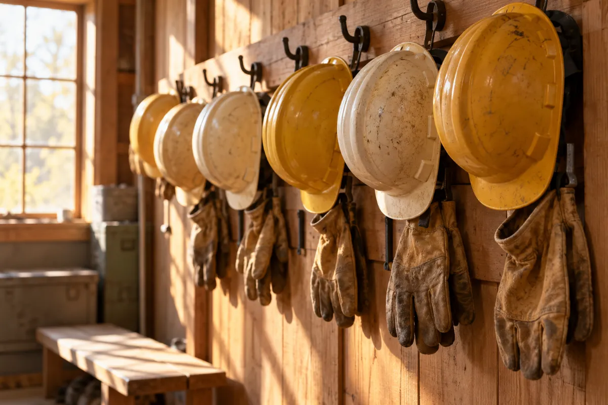 Hard hats and work gloves hanging on hooks, employee rights in Israel