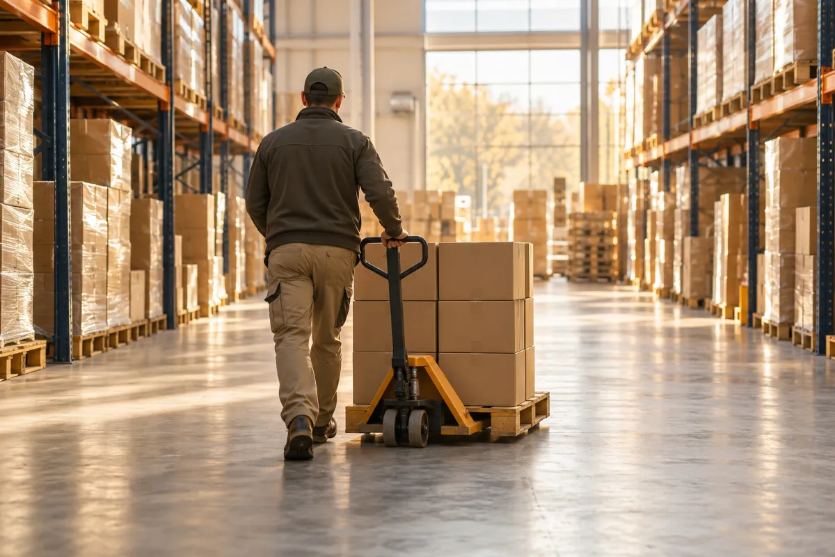 A worker pushing a pallet jack in a warehouse, seen from behind - workers' rights