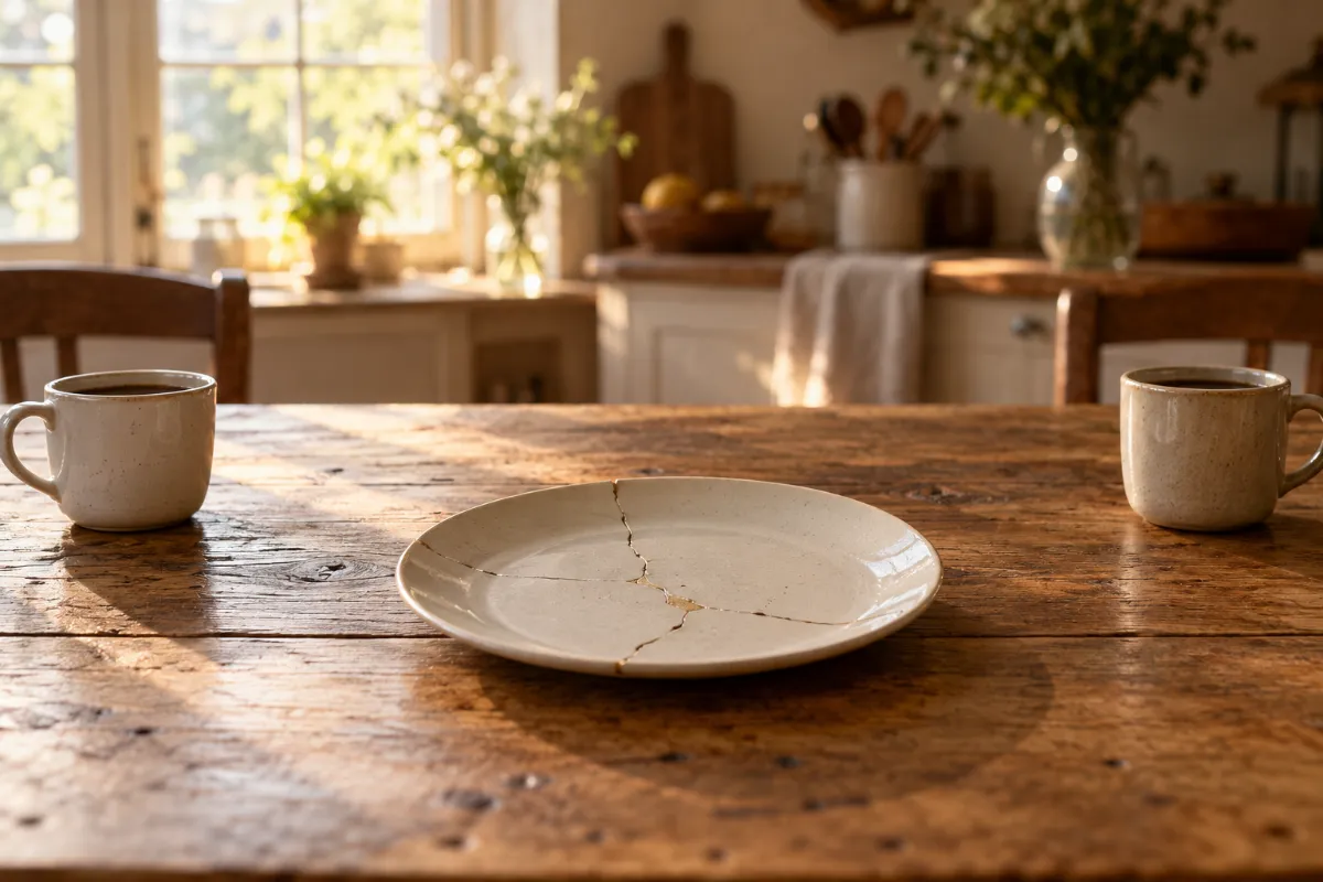 A mended cracked plate and two cups set apart, breach of a divorce agreement